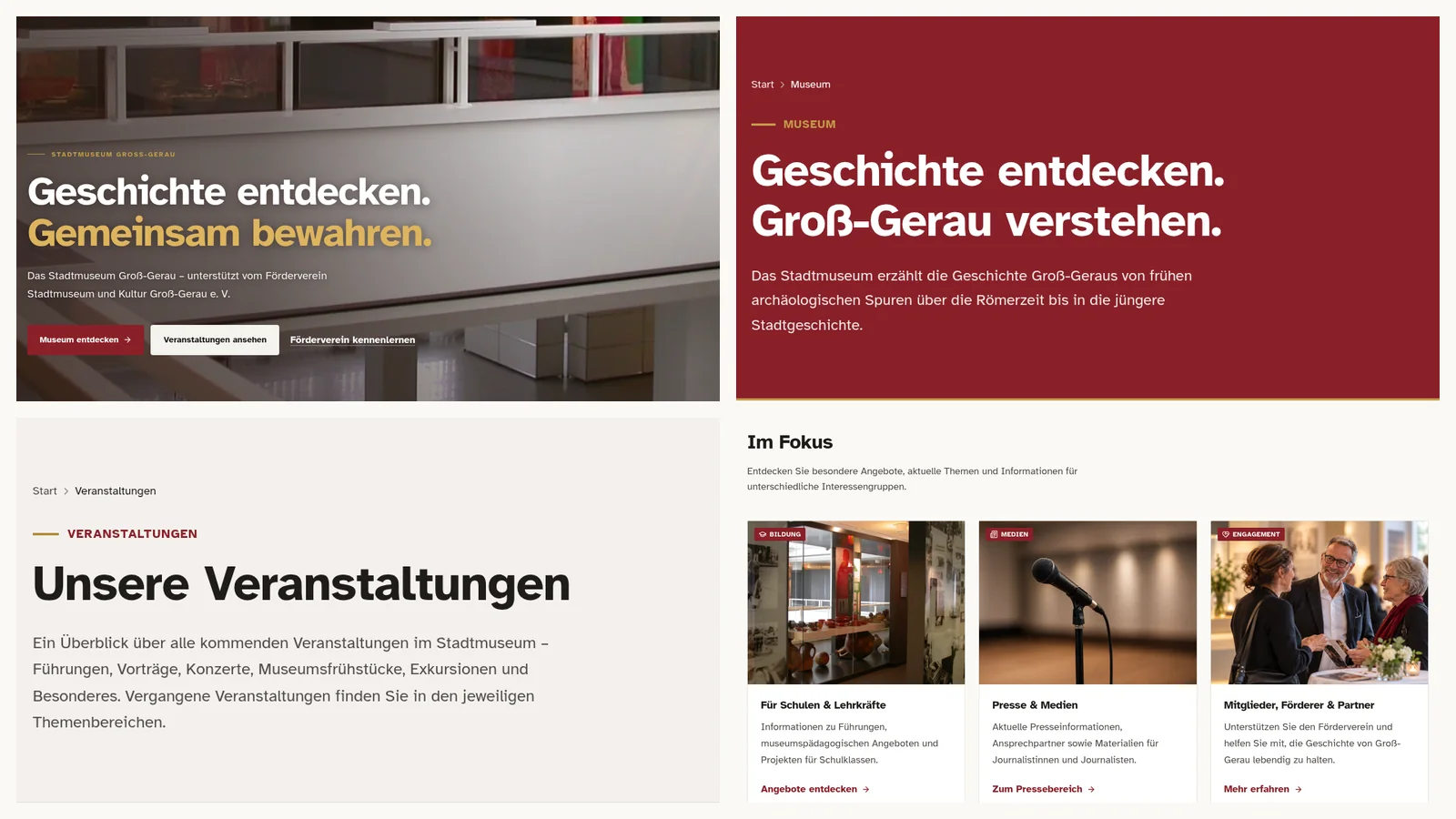 Collage aus Kacheln der neuen Website des Stadtmuseums Groß-Gerau: der Bereich „Im Fokus“ der Startseite und die Angebote zu Führungen und Vorträgen.
