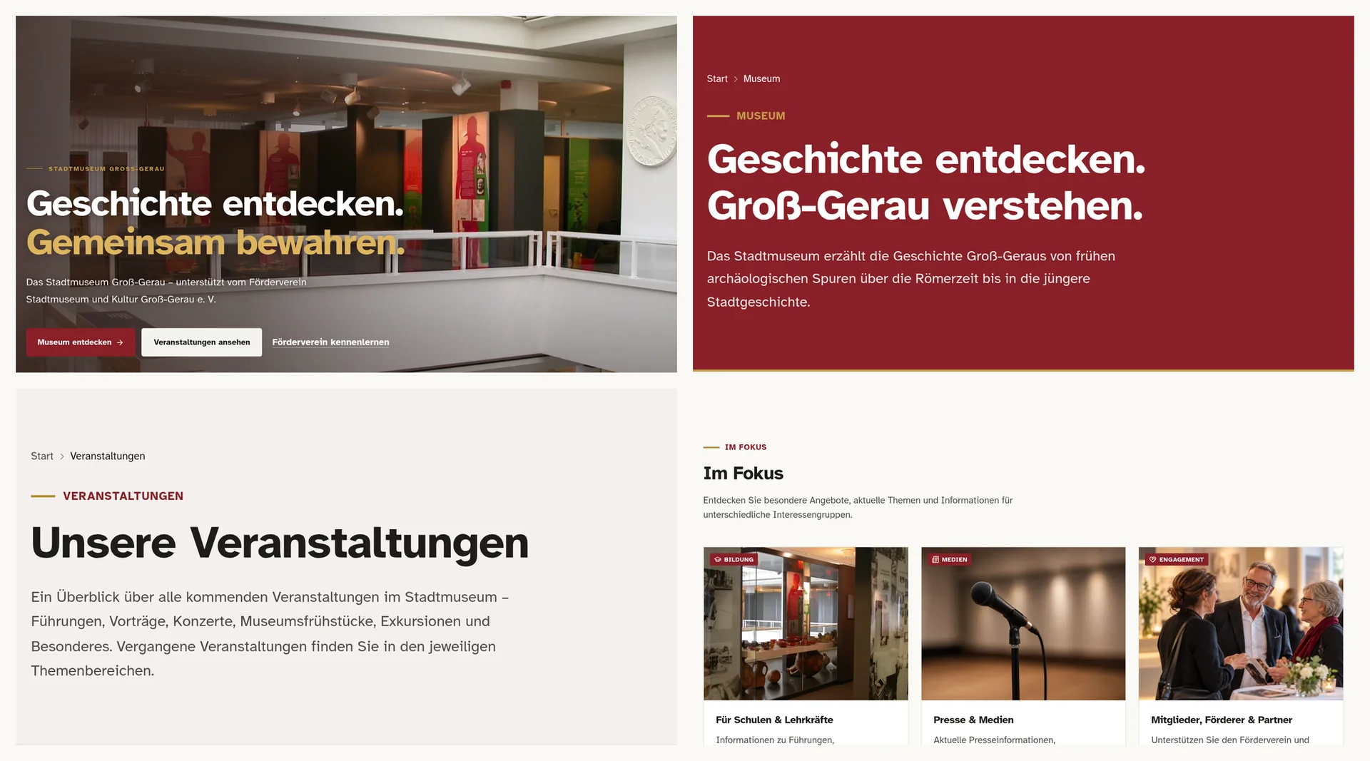 Collage aus Kacheln der neuen Website des Stadtmuseums Groß-Gerau: der Bereich „Im Fokus“ der Startseite und die Angebote zu Führungen und Vorträgen.