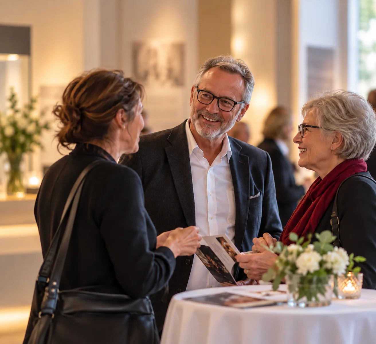 Drei Besucherinnen und Besucher im Gespräch an einem Stehtisch beim Empfang im Stadtmuseum.